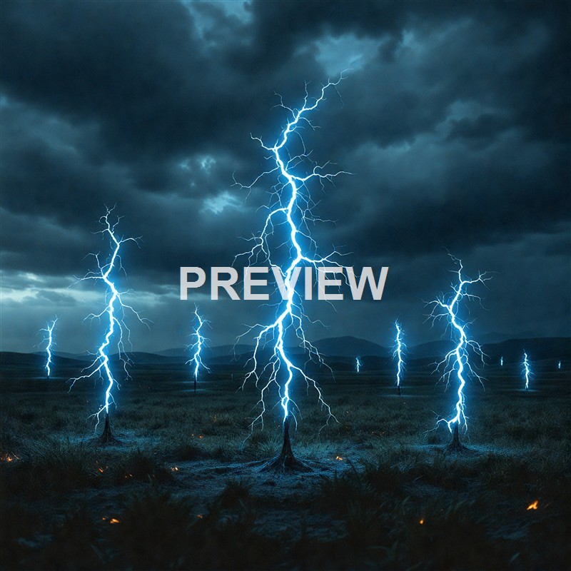 Multiple large lightning bolts striking across a dark, stormy sky over a flat landscape with some mountains in the distance.